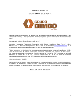 I REPORTE ANUAL DE GRUPO BIMBO, S.A.B. DE C.V