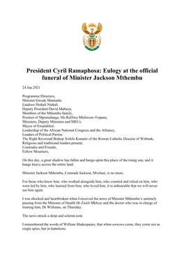 President Cyril Ramaphosa: Eulogy at the Official Funeral of Minister Jackson Mthembu