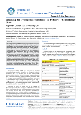 Screening for Mucopolysaccharidoses in Pediatric Rheumatology Clinic Magrini D1, Lehman TJA2 and Moorthy LN3*