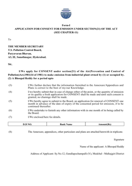 Form-I APPLICATION for CONSENT for EMISSION UNDER SECTION(21) of the ACT (SEE CHAPTER-11)