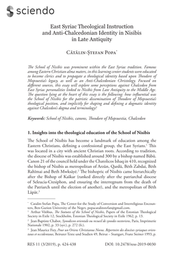 East Syriac Theological Instruction and Anti-Chalcedonian Identity in Nisibis in Late Antiquity Cătălin-Ștefan Popa*