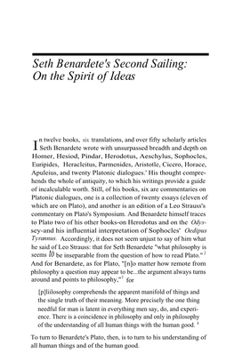 Seth Benardete's Second Sailing: on the Spirit of Ideas