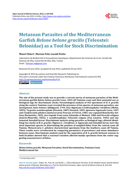 Metazoan Parasites of the Mediterranean Garfish Belone Belone Gracilis (Teleostei: Belonidae) As a Tool for Stock Discrimination