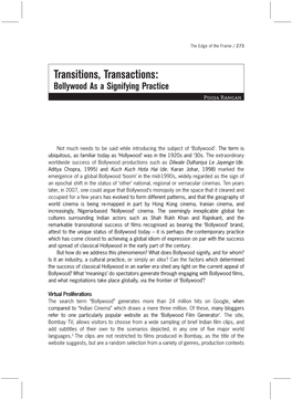 Transitions, Transactions: Bollywood As a Signifying Practice Pooja Rangan