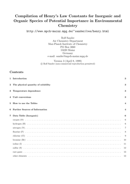 Compilation of Henry's Law Constants for Inorganic And