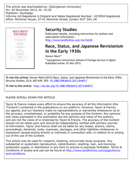 Race, Status, and Japanese Revisionism in the Early 1930S Steven Ward a a Georgetown University's School of Foreign Service in Qatar Published Online: 01 Nov 2013