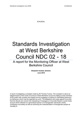 Standards Investigation at West Berkshire Council NDC 02 - 18 a Report for the Monitoring Officer at West Berkshire Council