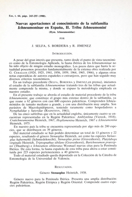 Rtaciones Al Conocimiento De La Subfamilia Ichneumoninae En España, II