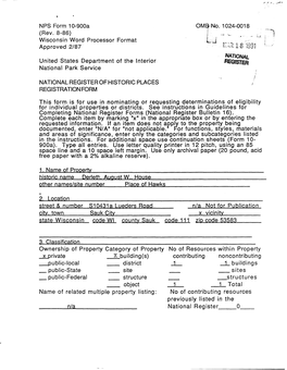 NPS Form 10-900A (Rev. 8-86) Wisconsin Word Processor Format Approved 2/87 United States Department of the Interior National