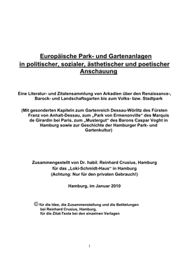 Europäische Park- Und Gartenanlagen in Politischer, Sozialer, Ästhetischer Und Poetischer Anschauung