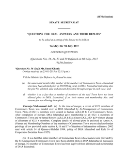 Questions Nos. 56, 24, 57 and 59 Deferred on 8Th May, 2015 (115Th Session