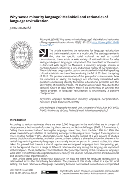 Why Save a Minority Language? Meänkieli and Rationales of Language Revitalization