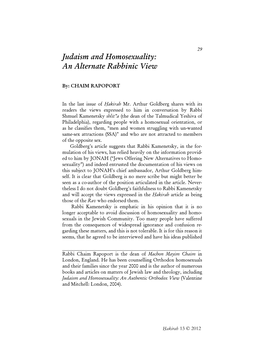 Judaism and Homosexuality: an Alternate Rabbinic View