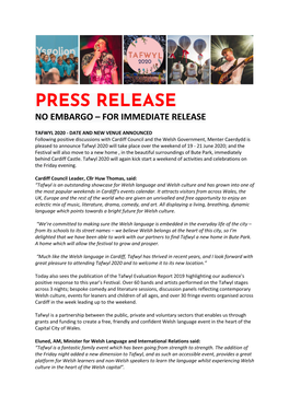 Press Release No Embargo – for Immediate Release