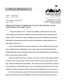 Press Release 3&%3 B a L L I N G E R Neighborhood Association Contact: Londa Jacques Shoreline, Washington Phone: 206-437-9118 ______