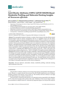 Anti-Obesity Attributes; UHPLC-QTOF-MS/MS-Based Metabolite Profiling and Molecular Docking Insights of Taraxacum Officinale