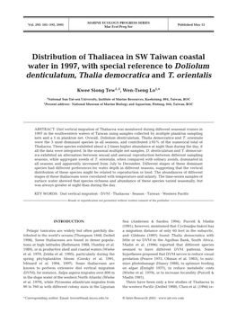 Distribution of Thaliacea in SW Taiwan Coastal Water in 1997, with Special Reference to Doliolum Denticulatum, Thalia Democratica and T