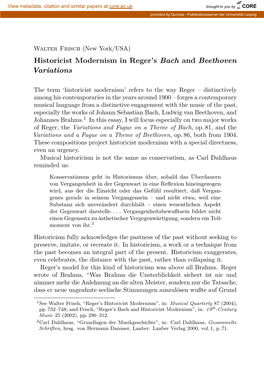 Historicist Modernism in Reger's Bach and Beethoven Variations