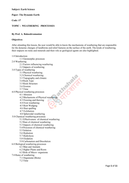 The Dynamic Earth Code: 17 TOPIC : WEATHERING PROCESSES By