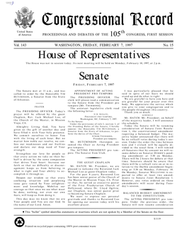 Congressional Record United States Th of America PROCEEDINGS and DEBATES of the 105 CONGRESS, FIRST SESSION