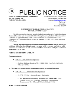 PUBLIC NOTICE FEDERAL COMMUNICATIONS COMMISSION News Media Information: (202) 418-0500 445 12Th STREET, S.W