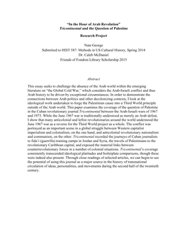 “In the Hour of Arab Revolution” Tricontinental and the Question of Palestine Research Project Nate George Submitted to HIST