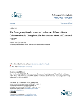 The Emergence, Development and Influence of Rf Ench Haute Cuisine on Public Dining in Dublin Restaurants 1900-2000: an Oral History