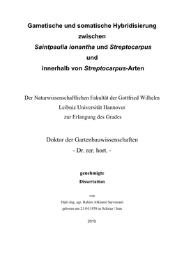 Gametische Und Somatische Hybridisierung Zwischen Saintpaulia Ionantha Und Streptocarpus Und Innerhalb Von Streptocarpus-Arten