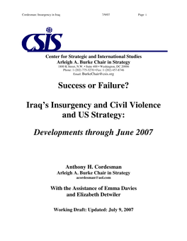 Iraq's Insurgency and Civil Violence and US Strategy