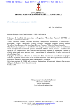 CITTÀ DI VERCELLI SETTORE POLITICHE SOCIALI E SICUREZZA TERRITORIALE Protocollo E Data Come Da Segnatura in Testata Agli Enti I