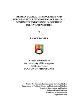 Russian Conflict Management and European Security Governance 1991-2012: Continuity and Change in Doctrine, Policy and Practice