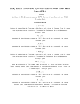 (596) Scheila in Outburst: a Probable Collision Event in the Main Asteroid Belt F