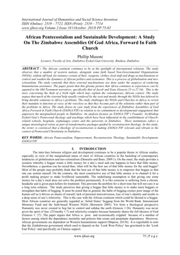 African Pentecostalism and Sustainable Development: a Study on the Zimbabwe Assemblies of God Africa, Forward in Faith Church