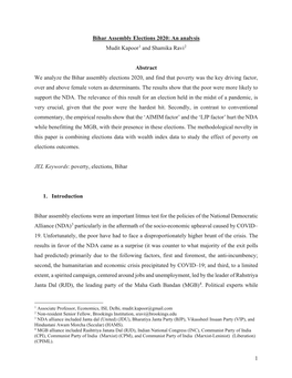 1 Bihar Assembly Elections 2020: an Analysis Mudit Kapoor1 And