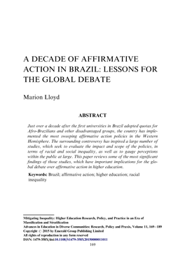 A Decade of Affirmative Action in Brazil: Lessons for the Global Debate