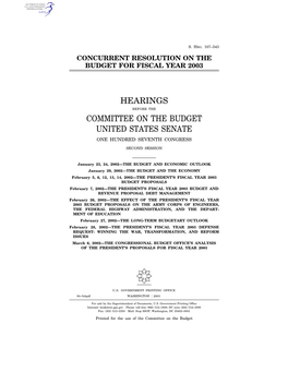 Hearings Committee on the Budget United States Senate