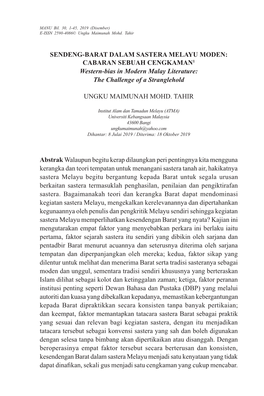 SENDENG-BARAT DALAM SASTERA MELAYU MODEN: CABARAN SEBUAH CENGKAMAN1 Western-Bias in Modern Malay Literature: the Challenge of a Stranglehold