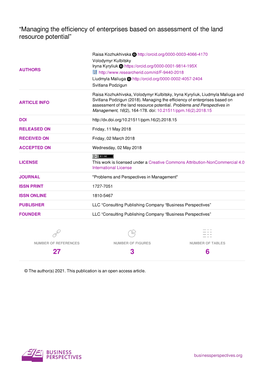 Managing the Efficiency of Enterprises Based on Assessment of the Land Resource Potential”