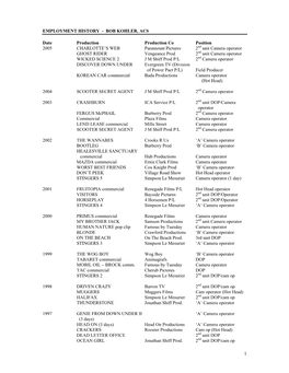 BOB KOHLER, ACS Date Production Production Co Position 2005