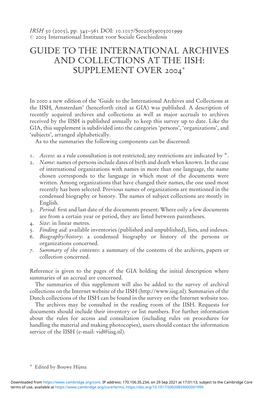 Guide to the International Archives and Collections at the Iish: Supplement Over 2004Ã