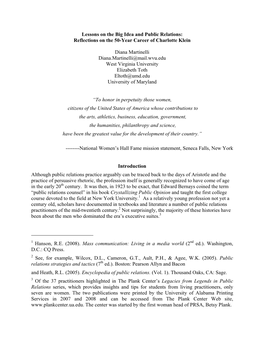 Lessons on the Big Idea and Public Relations: Reflections on the 50-Year Career of Charlotte Klein