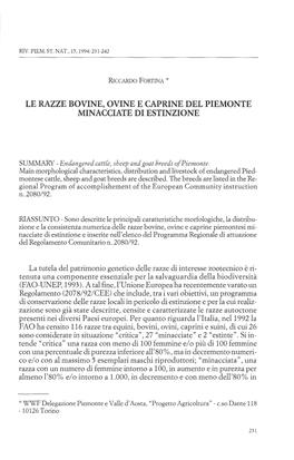 Le Razze Bovine, Ovine E Caprine Del Piemonte Minacciate Di Estinzione