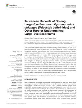 Taiwanese Records of Oblong Large-Eye Seabream Gymnocranius Oblongus (Teleostei: Lethrinidae) and Other Rare Or Undetermined Large-Eye Seabreams