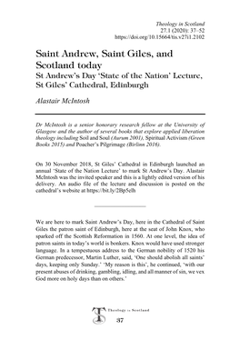 Saint Andrew, Saint Giles, and Scotland Today St Andrew’S Day ‘State of the Nation’ Lecture, St Giles’ Cathedral, Edinburgh