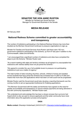 SENATOR the HON ANNE RUSTON MEDIA RELEASE National Redress