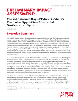 PRELIMINARY IMPACT ASSESSMENT: Consolidation of Hay'at Tahrir Al-Sham's Control in Opposition-Controlled Northwestern Syria