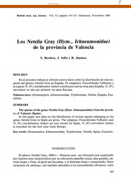 Los Netelia Gray (Hym., Ichneumonidae) De La Provincia De Valencia