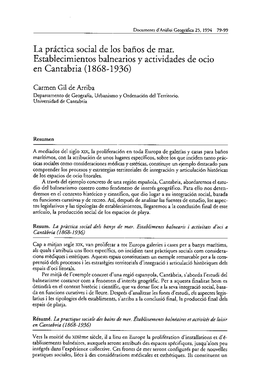 La Práctica Social De 10S Bafios De Mar. Establecimientos Balnearios Y Actividades De Oci0 En Cantabria (1868- 1936)