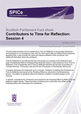 Scottish Parliament Fact Sheet Contributors to Time for Reflection: Session 4 23 March 2016 Parliamentary Business: Current Series