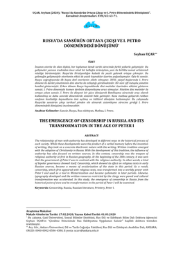 Rusya'da Sansürün Ortaya Çikişi Ve I. Petro Dönemindeki Dönüşümü* the Emergence of Censorship in Russia and Its Tr